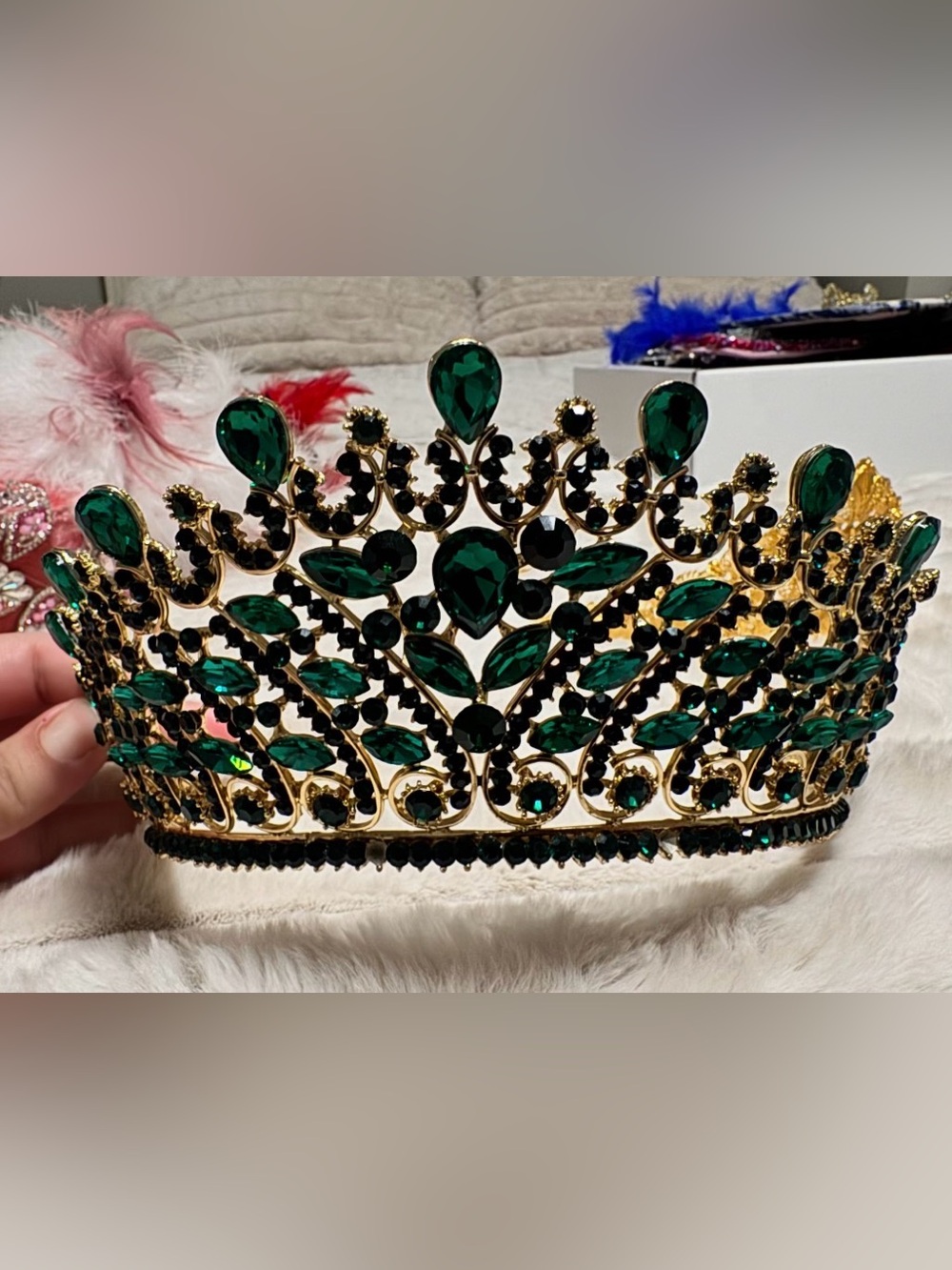 Gold Tiara with Emerald Green and Black Crystals - Women Accessories